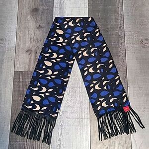 Bien  Abye Blue and Black Patterned Silk Scarf with Leather Fringe